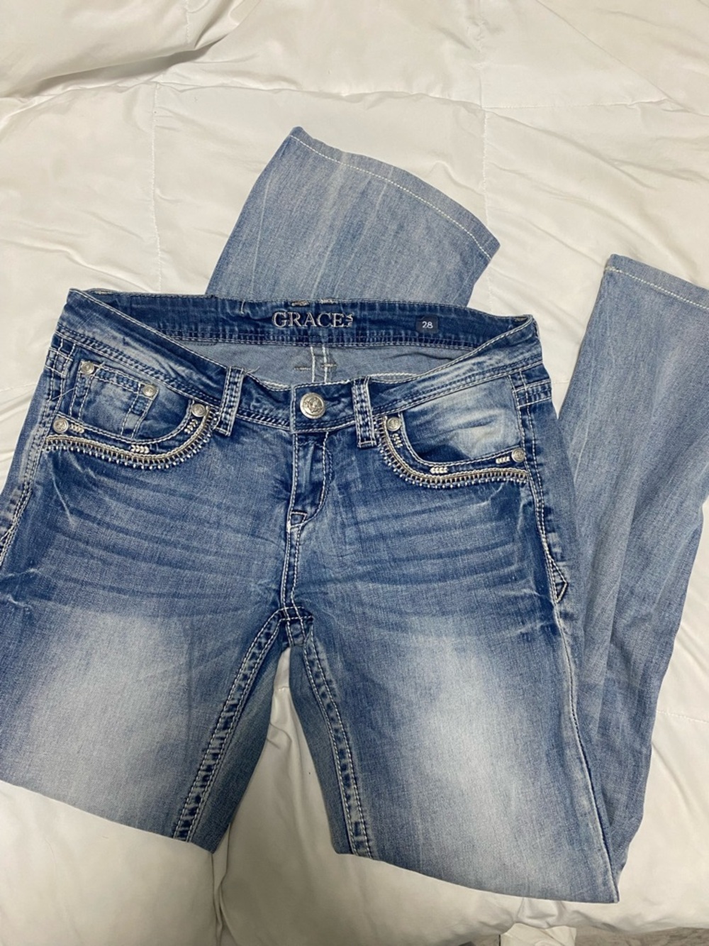 Grace Light Blue Skinny Jeans with Embellished Pockets